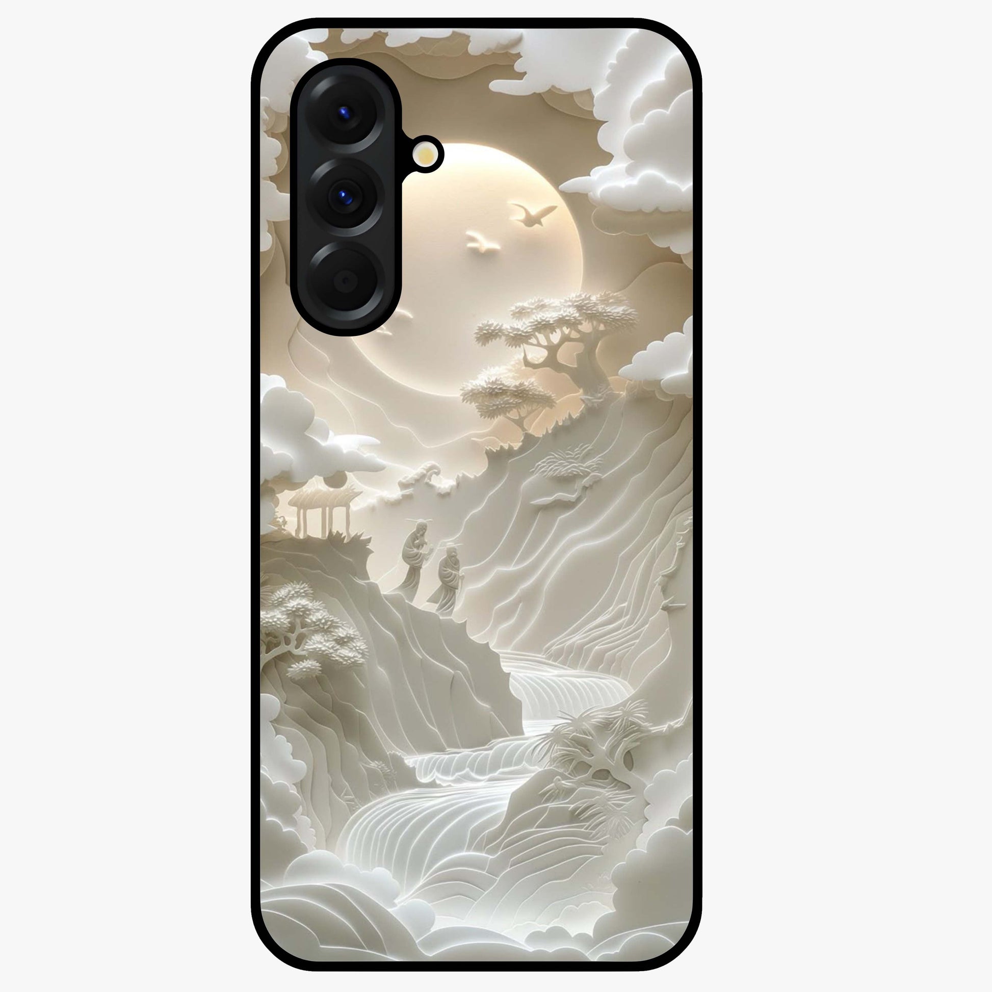 Celestial Origami Glass Case showing flat back view with artistic origami inspired celestial artwork and glossy glass finish.