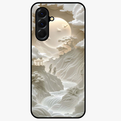 Celestial Origami Glass Case showing flat back view with artistic origami inspired celestial artwork and glossy glass finish.