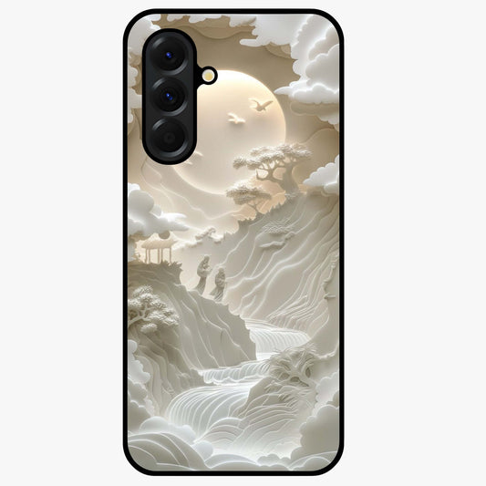 Celestial Origami Glass Case showing flat back view with artistic origami inspired celestial artwork and glossy glass finish.