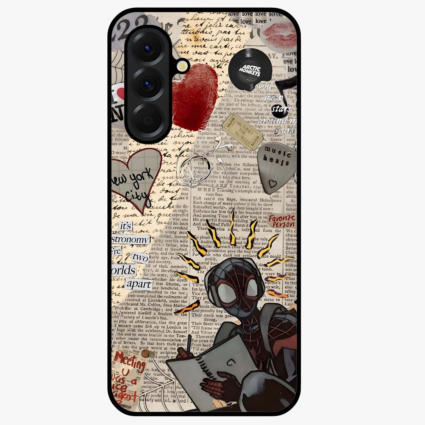 City Dream Sketch Glass Case showing flat back view with artistic city skyline sketch artwork and glossy glass finish.