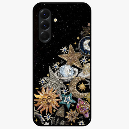 Cosmic Sparkle Dreams Glass Case showing flat back view with sparkling cosmic artwork and glossy glass finish.