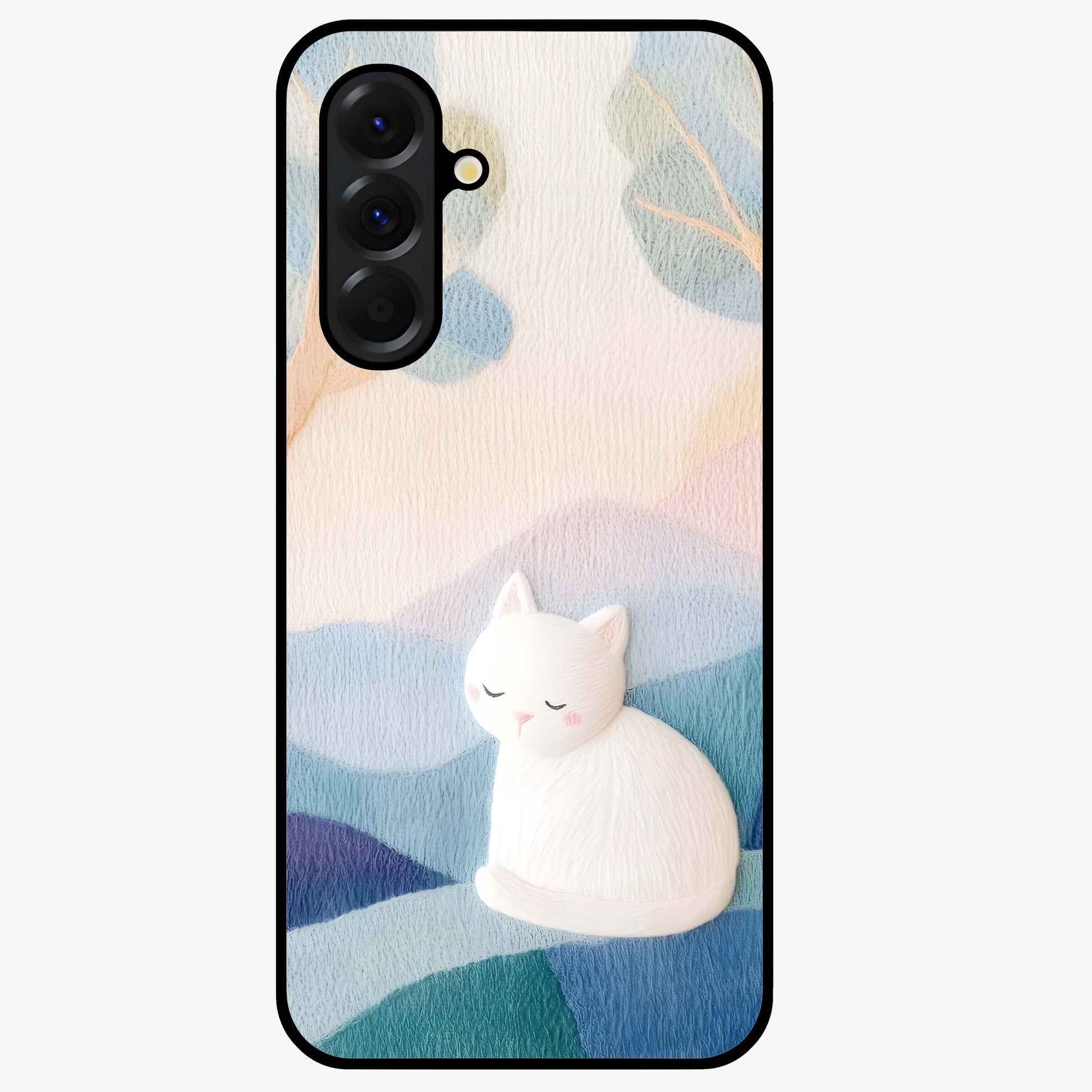 Cotton Dream Cat Glass Case showing flat back view with soft dreamy cat artwork and glossy glass finish.