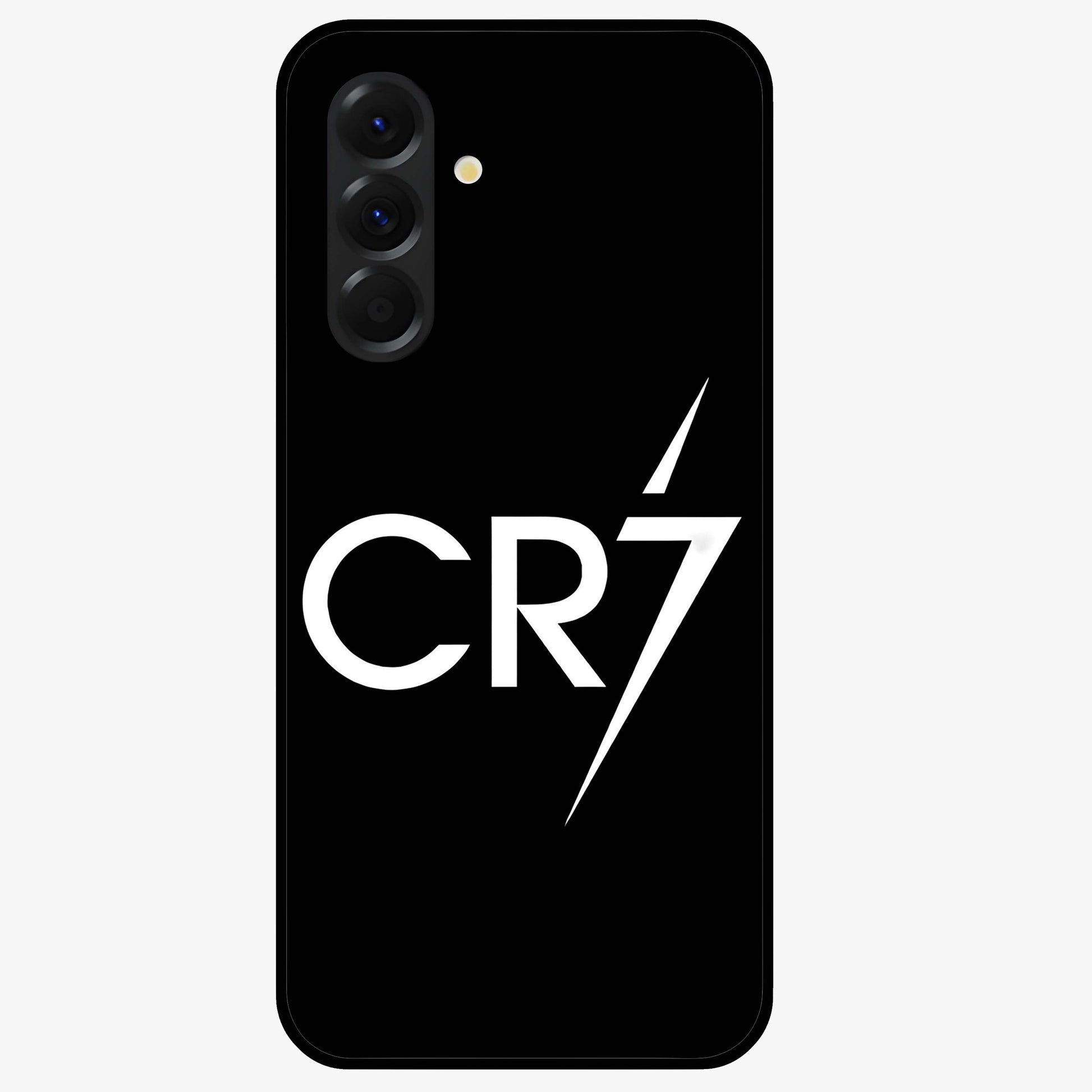 Cr7 Elite Strike Glass Case showing flat back view with dynamic football inspired artwork and glossy glass finish.