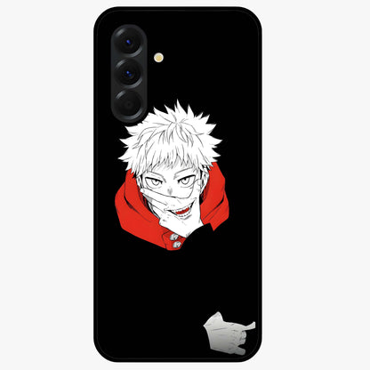 Crimson Chaos Smile Glass Case showing flat back view with bold chaotic smile artwork and glossy glass finish.