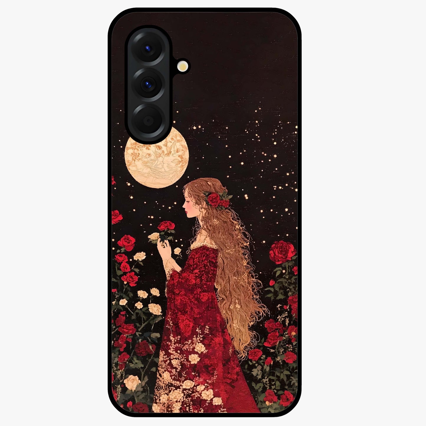 Crimson Dreams Glass Case showing flat back view with dreamy crimson artwork and glossy glass finish.