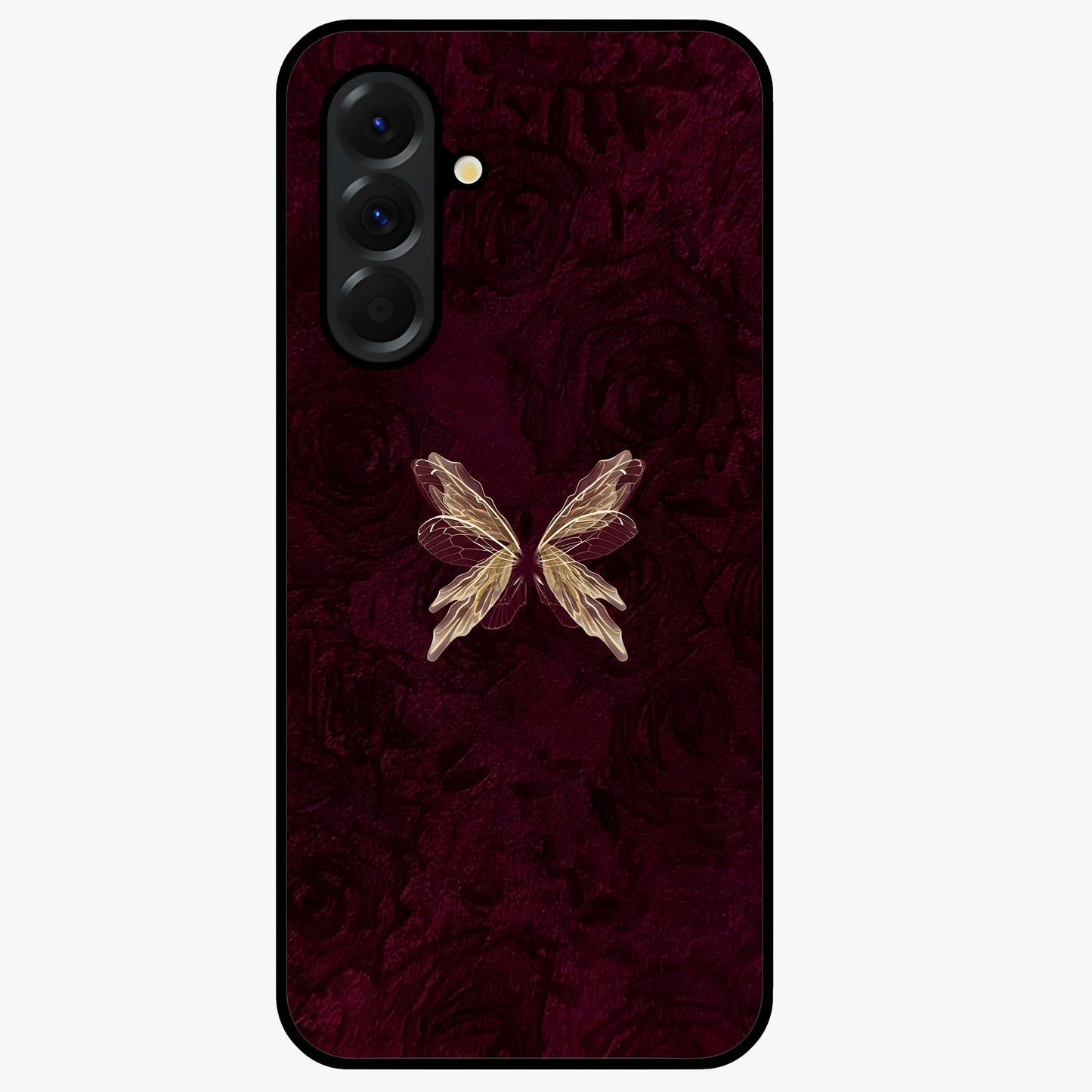 Crimson Fade Butterfly Glass Case showing flat back view with fading butterfly artwork and glossy glass finish.