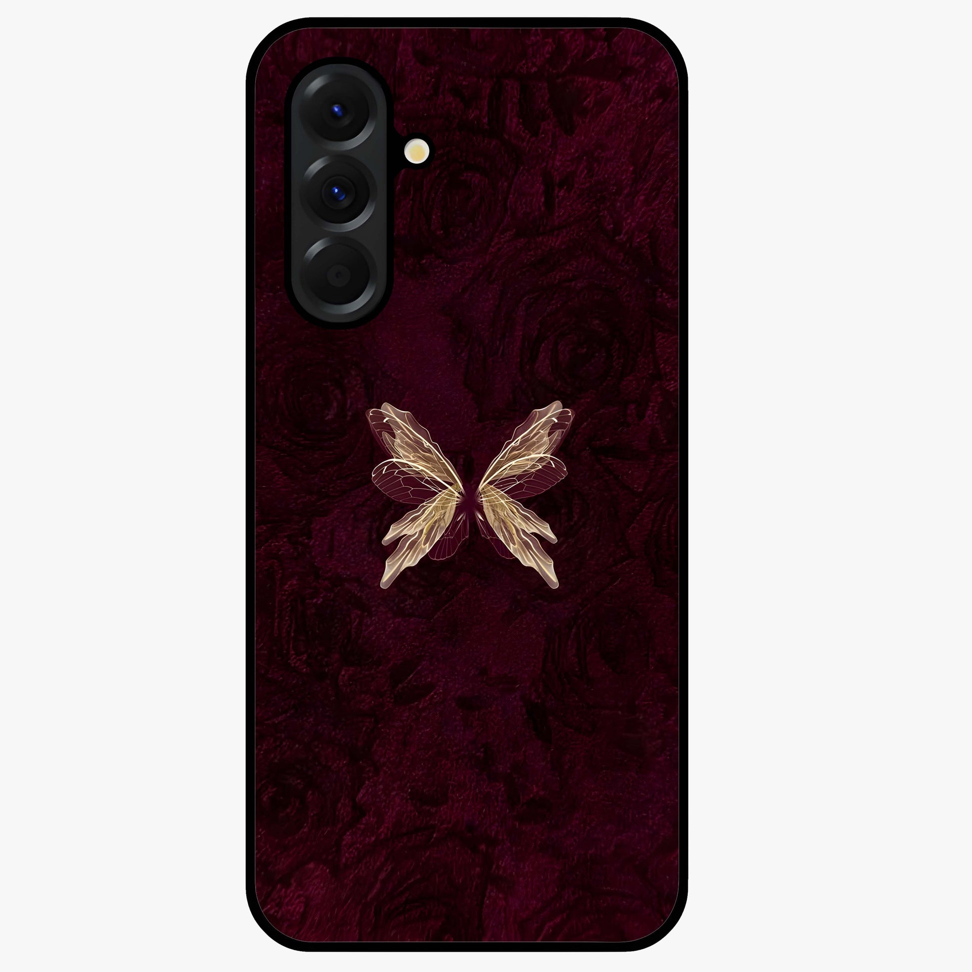 Crimson Fade Butterfly Glass Case showing flat back view with fading butterfly artwork and glossy glass finish.