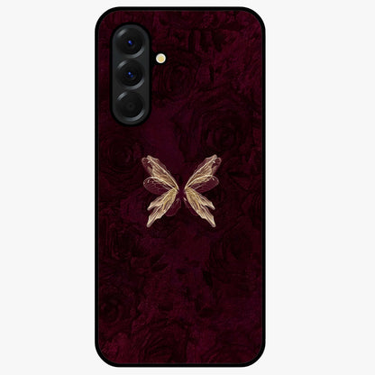Crimson Fade Butterfly Glass Case showing flat back view with fading butterfly artwork and glossy glass finish.