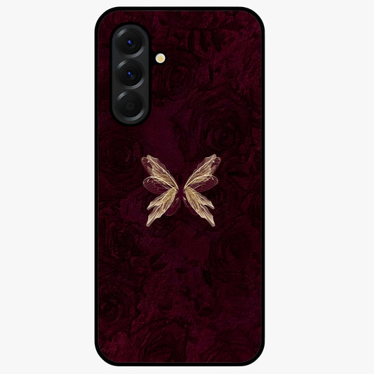 Crimson Fade Butterfly Glass Case showing flat back view with fading butterfly artwork and glossy glass finish.