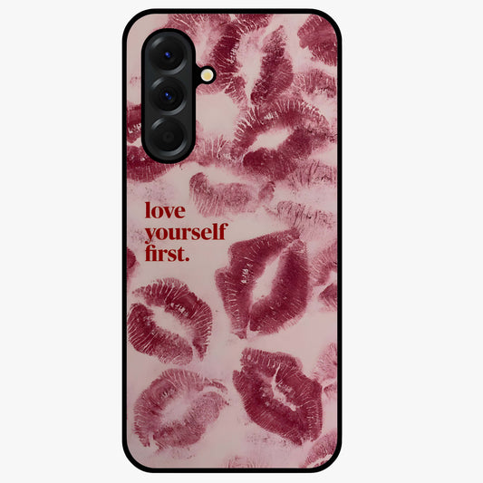 Crimson Kiss Love Glass Case showing flat back view with romantic crimson themed artwork and glossy glass finish.