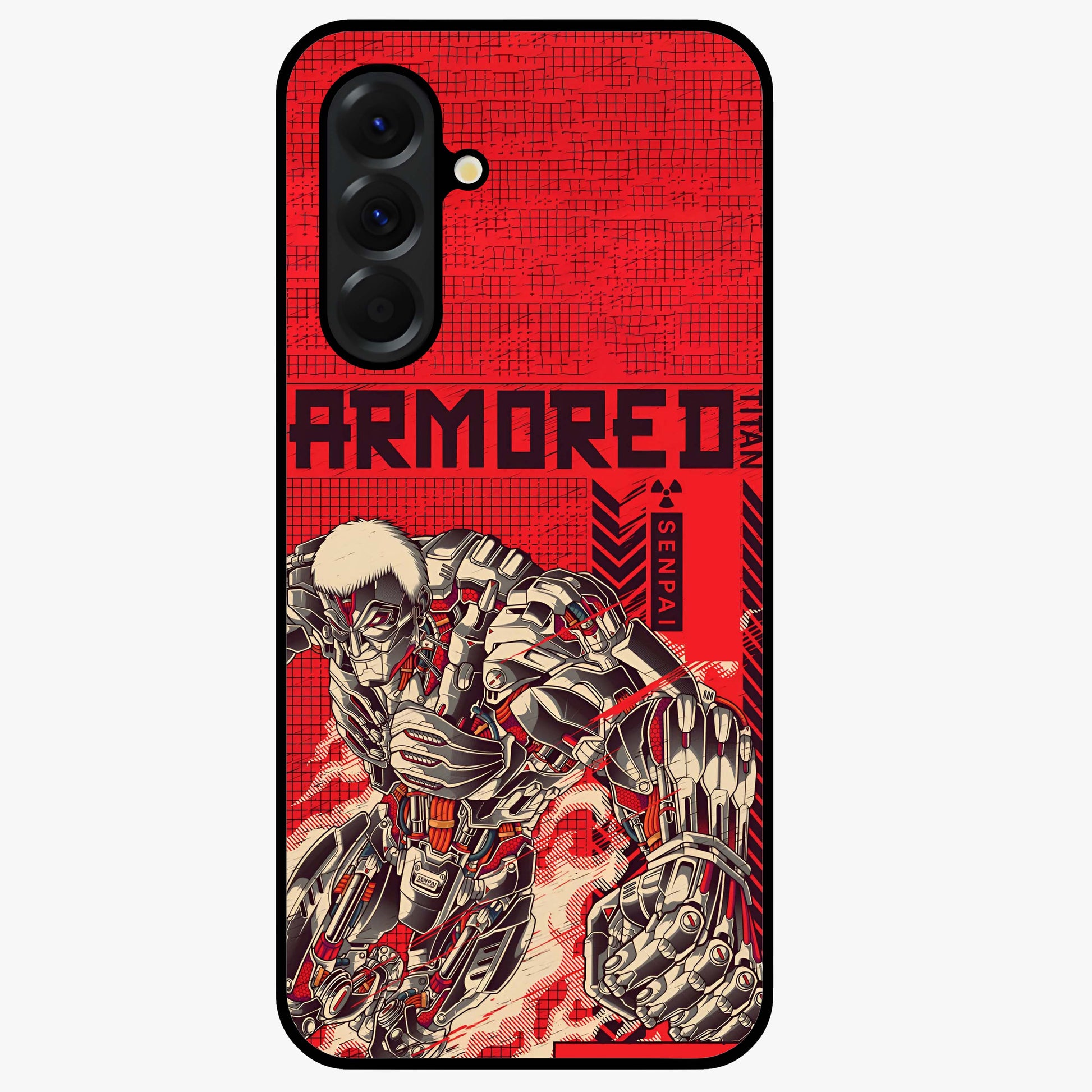 Crimson Mecha Titan Glass Case showing flat back view with powerful mech titan artwork and glossy glass finish.