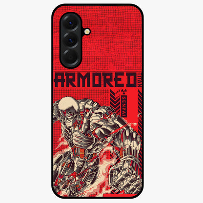 Crimson Mecha Titan Glass Case showing flat back view with powerful mech titan artwork and glossy glass finish.