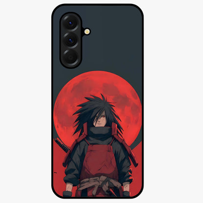 Crimson Moon Warlord Glass Case showing flat back view with mystical moon warrior artwork and glossy glass finish.