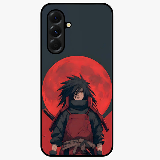 Crimson Moon Warlord Glass Case showing flat back view with mystical moon warrior artwork and glossy glass finish.