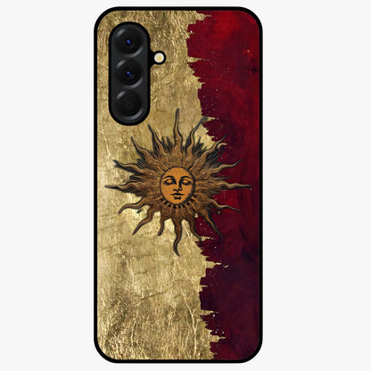 Crimson Sun Majesty Glass Case showing flat back view with radiant sun inspired artwork and glossy glass finish.