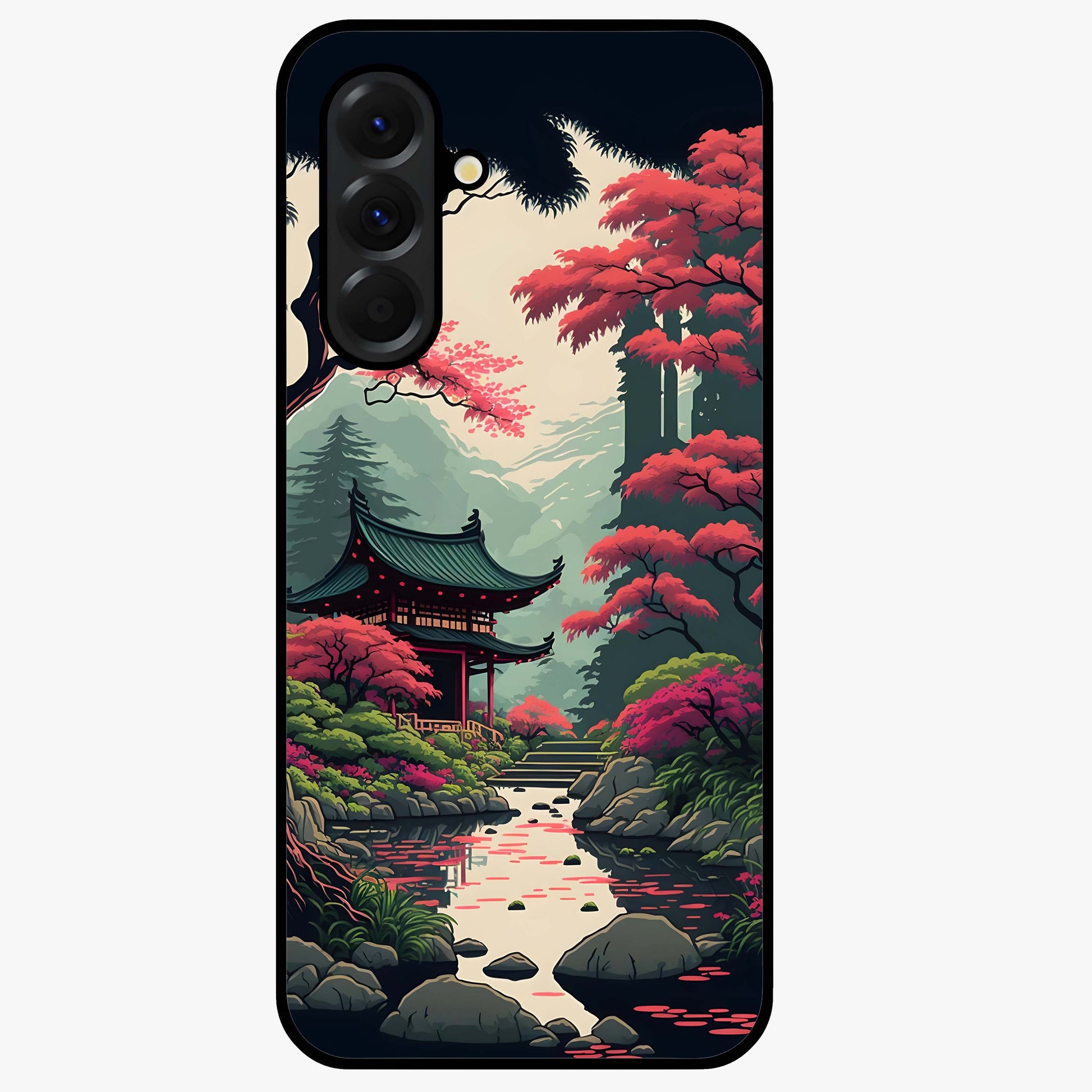 Crimson Temple View Glass Case showing flat back view with temple inspired artwork and glossy glass finish.