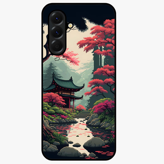 Crimson Temple View Glass Case showing flat back view with temple inspired artwork and glossy glass finish.