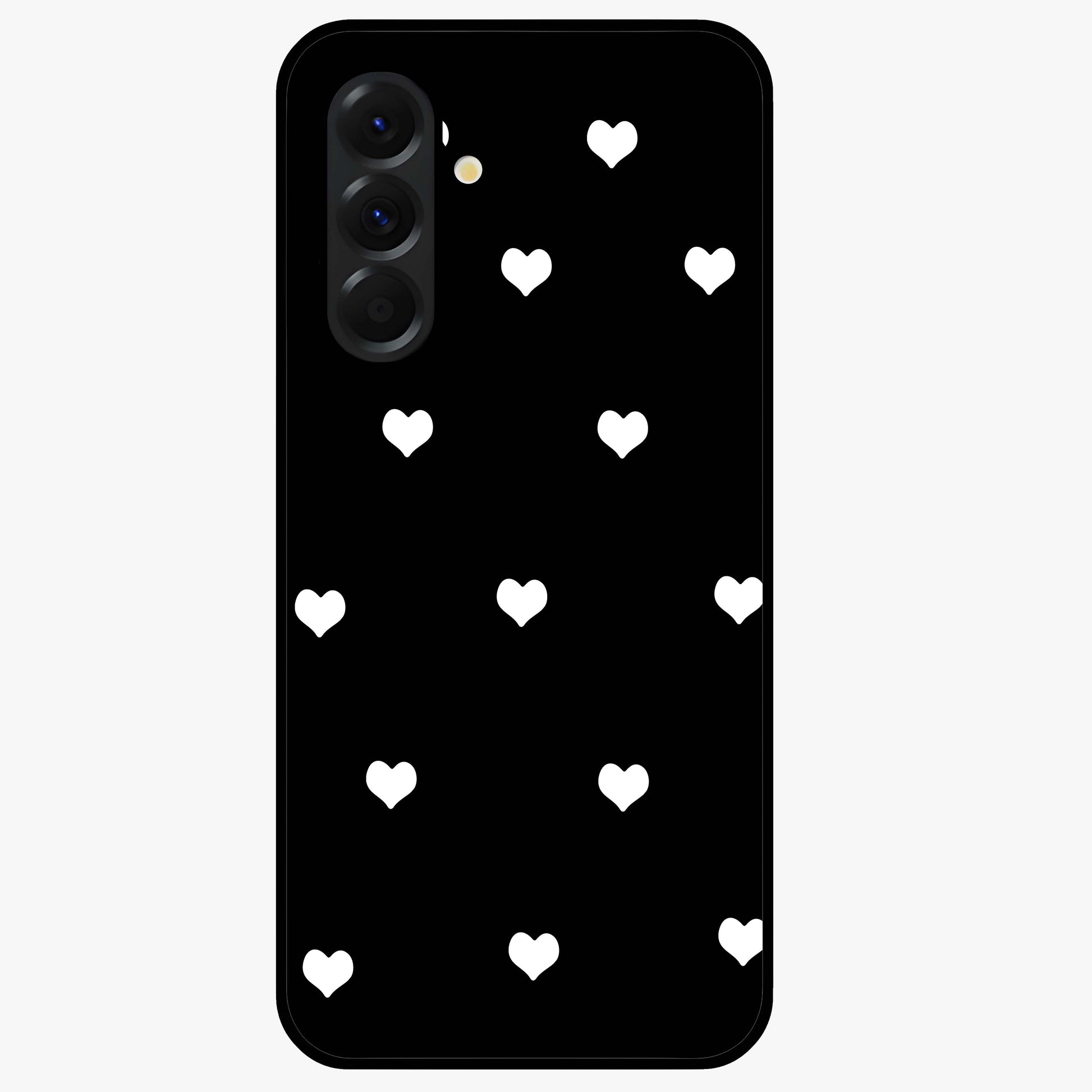 Cute And Simple White Hearts Glass Case showing flat back view with minimal white heart pattern and glossy glass finish.