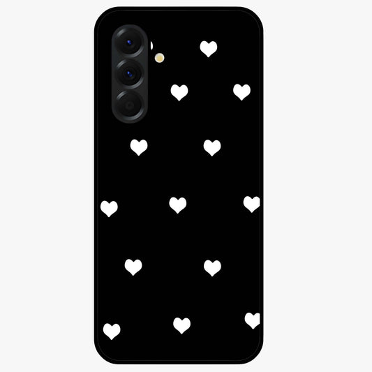 Cute And Simple White Hearts Glass Case showing flat back view with minimal white heart pattern and glossy glass finish.