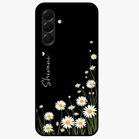 Daisy Cascade Custom Name Glass Case showing flat back view with cascading daisy flowers and personalized name design.