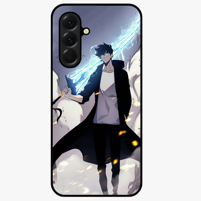 Dark Lightning Anime Warrior Glass Case showing flat back view with intense anime warrior artwork and glossy glass finish.
