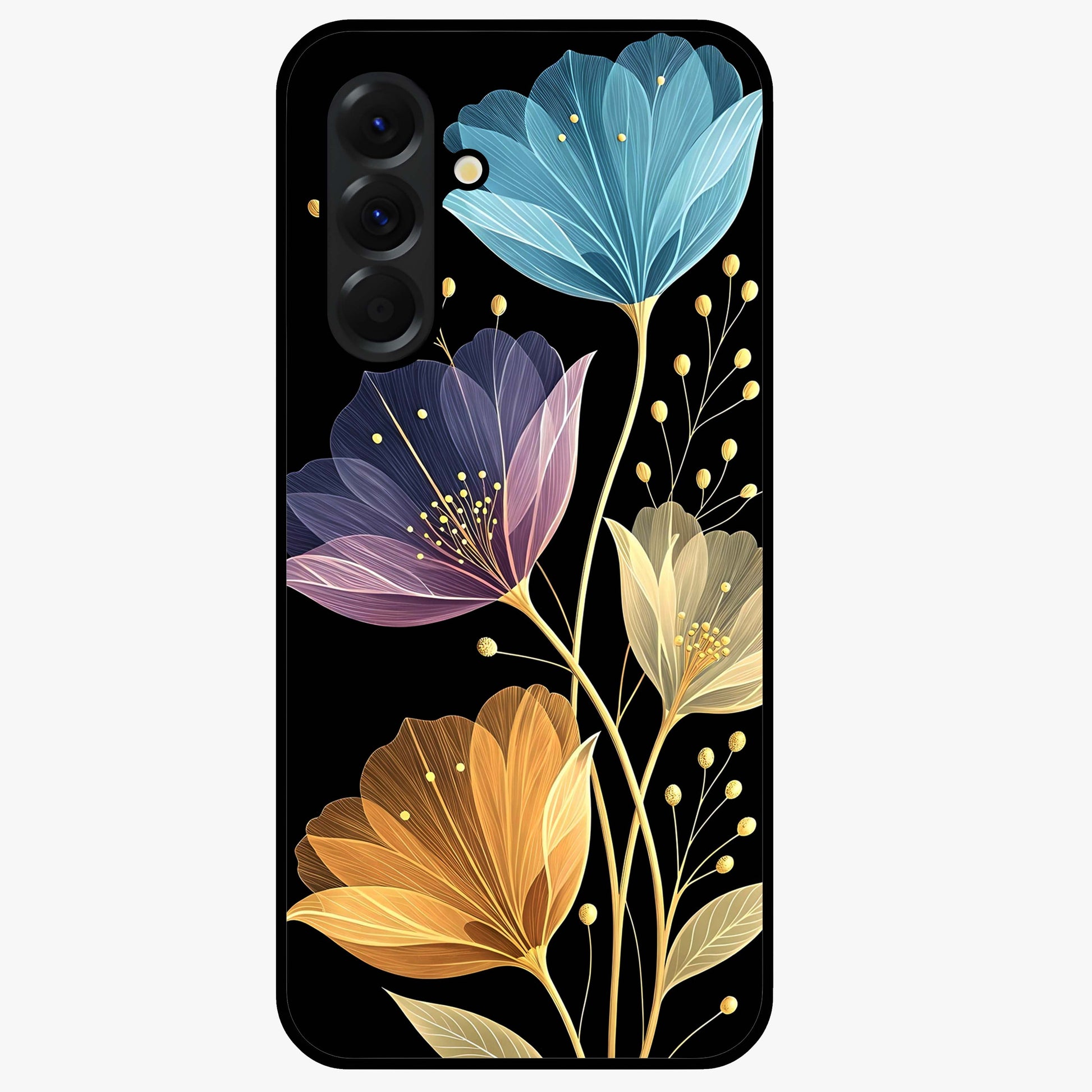 Delicate Multicolor Flowers Glass Case showing flat back view with vibrant floral artwork and glossy glass finish.