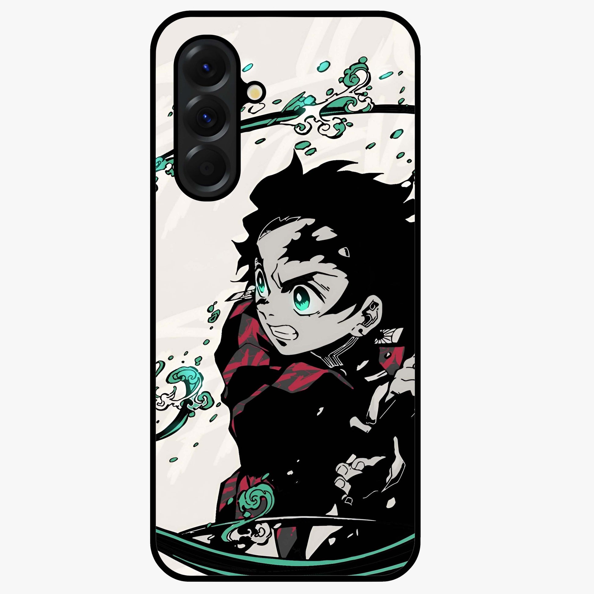 Demon Slayer Glass Case showing flat back view with bold anime inspired artwork and glossy glass finish.