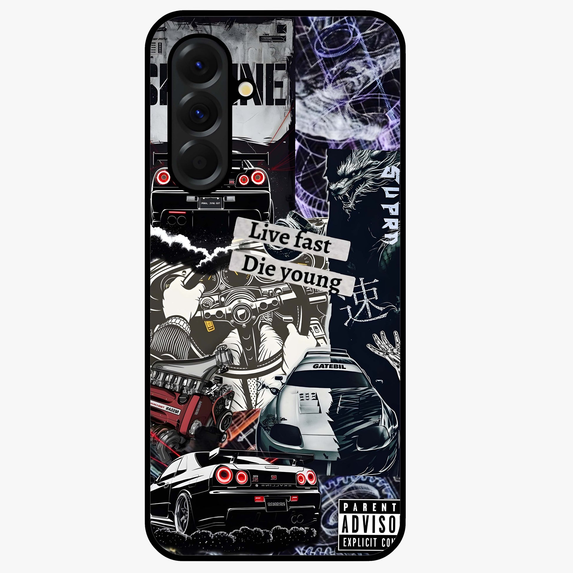 Die Young Glass Case showing flat back view with bold artistic typography design and glossy glass finish.