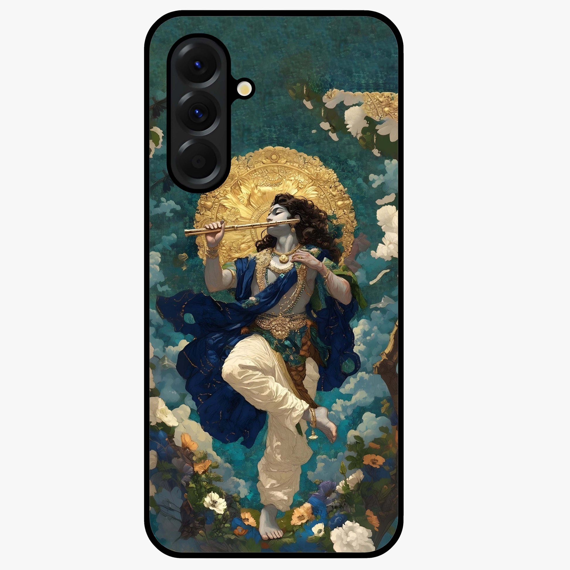 Divine Krishna Art Glass Case showing flat back view with Lord Krishna artwork and glossy glass finish.