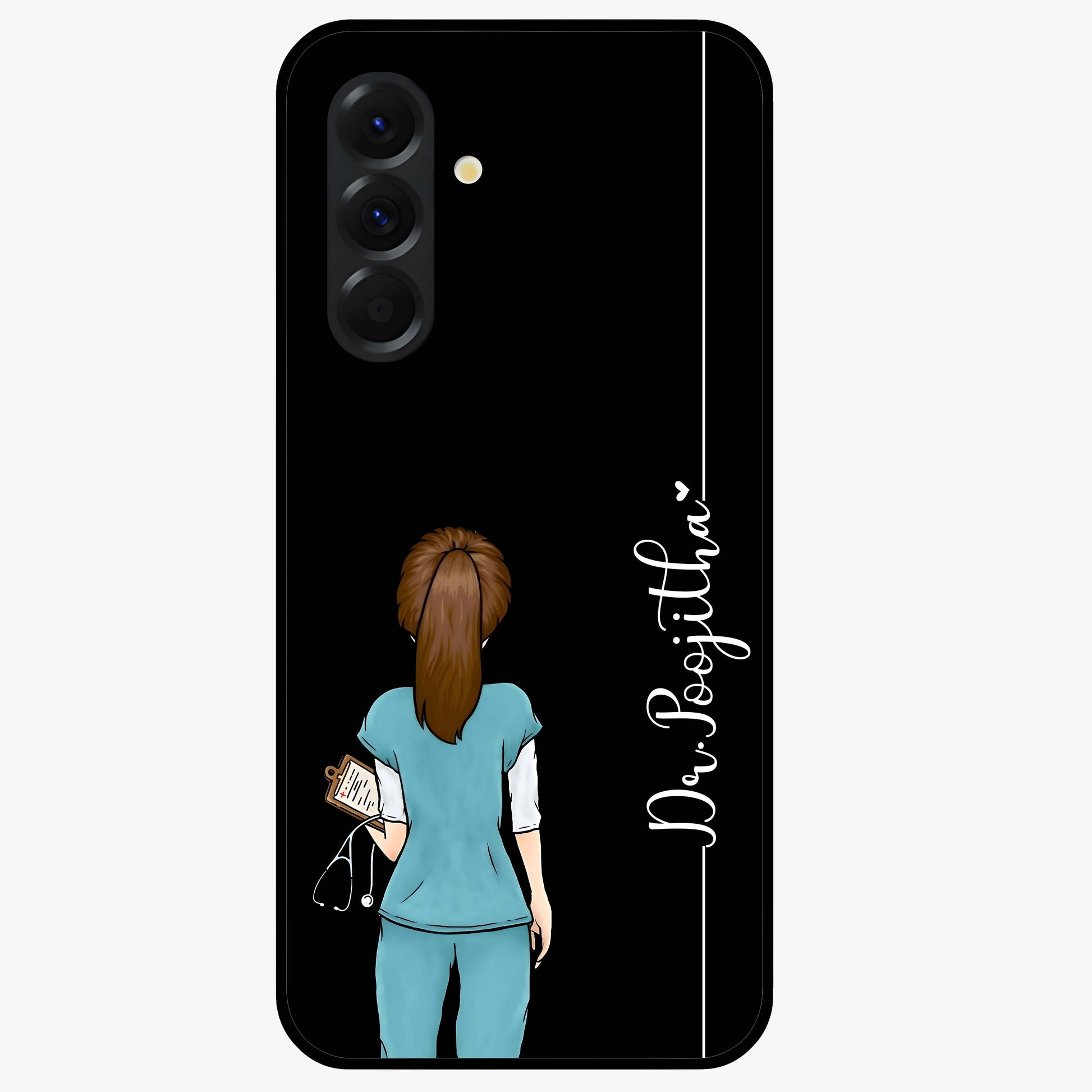 Doctor Pattern Custom Name Glass Case showing flat back view with medical themed pattern and personalized name design.