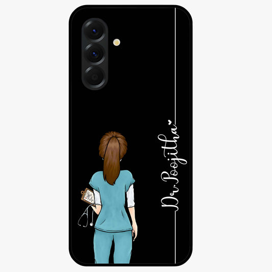 Doctor Pattern Custom Name Glass Case showing flat back view with medical themed pattern and personalized name design.