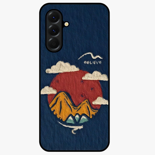 Dream Beyond Mountains Glass Case showing flat back view with scenic mountain landscape artwork and glossy glass finish.