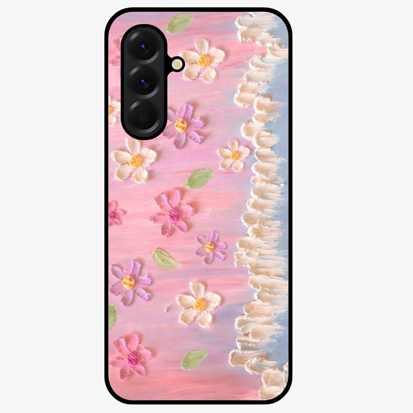 Dreamy Painted Garden Glass Case showing flat back view with artistic painted floral garden artwork and glossy glass finish.