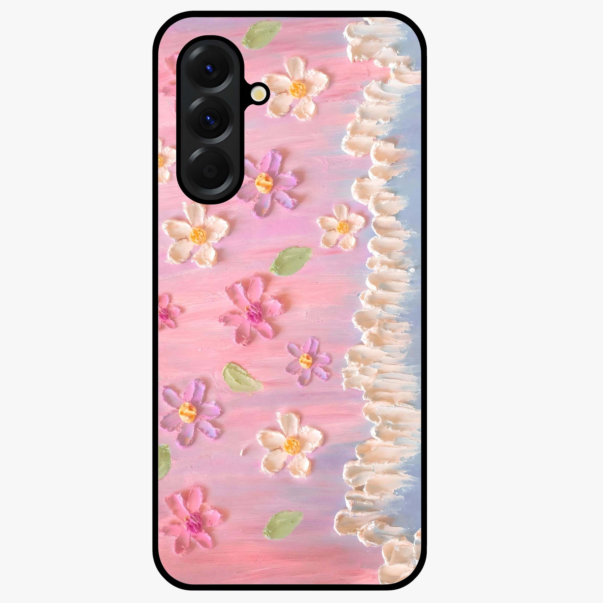 Dreamy Painted Garden Glass Case showing flat back view with artistic painted floral garden artwork and glossy glass finish.
