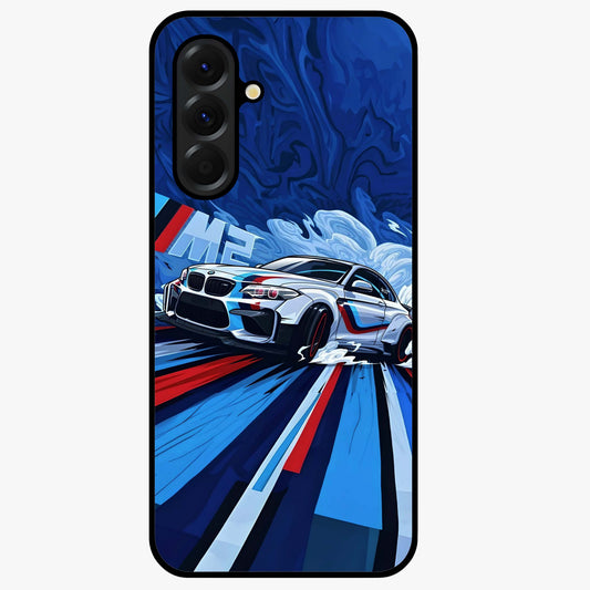 Drift Power Rush Glass Case showing flat back view with dynamic racing inspired artwork and glossy glass finish.