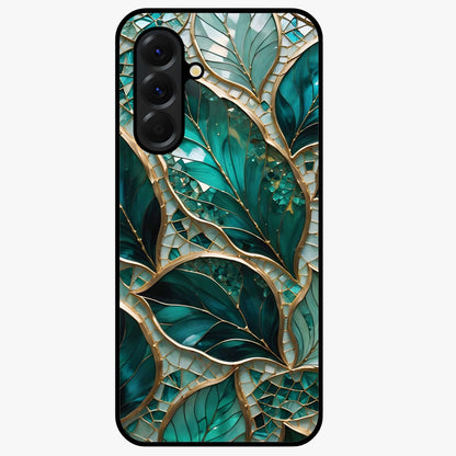 Emerald Leaf Glass Glass Case showing flat back view with emerald green leaf artwork and glossy glass finish.