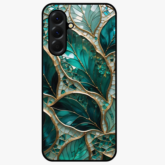 Emerald Leaf Glass Glass Case showing flat back view with emerald green leaf artwork and glossy glass finish.