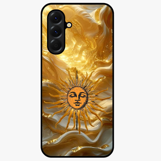 Eternal Golden Glow Glass Case showing flat back view with radiant golden themed artwork and glossy glass finish.