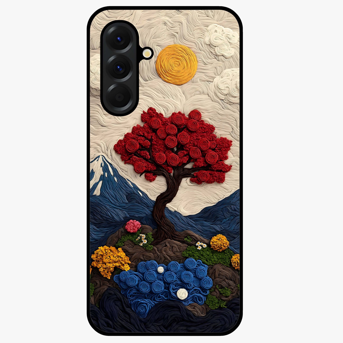 Eternal Nature Tapestry Glass Case showing flat back view with intricate nature tapestry artwork and glossy glass finish.