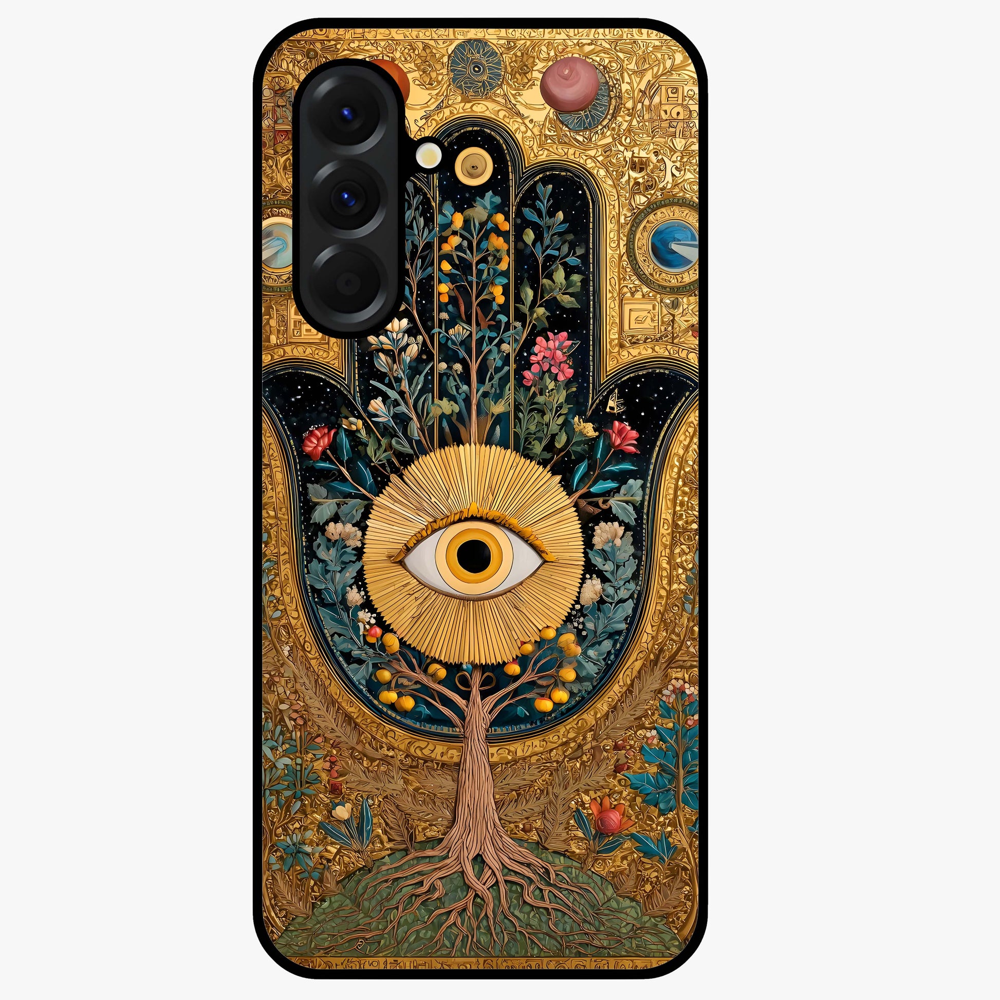 Ethereal Evil Eye Glass Case showing flat back view with mystical evil eye artwork and glossy glass finish.