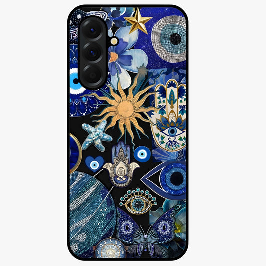 Evil Eye Charm Mix Glass Case showing flat back view with multiple evil eye charms artwork and glossy glass finish.