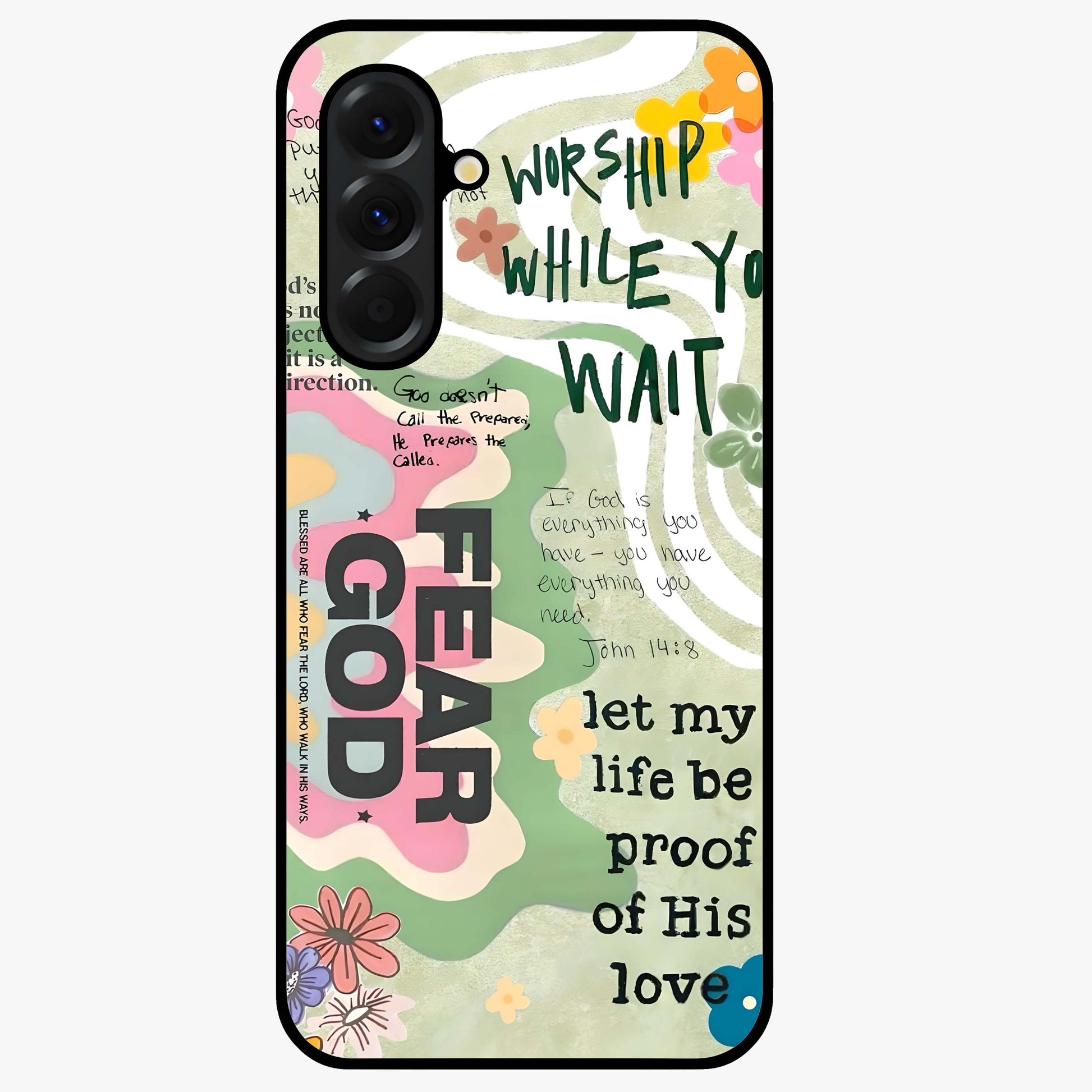 Faith Over Fear Glass Case showing flat back view with motivational typography artwork and glossy glass finish.