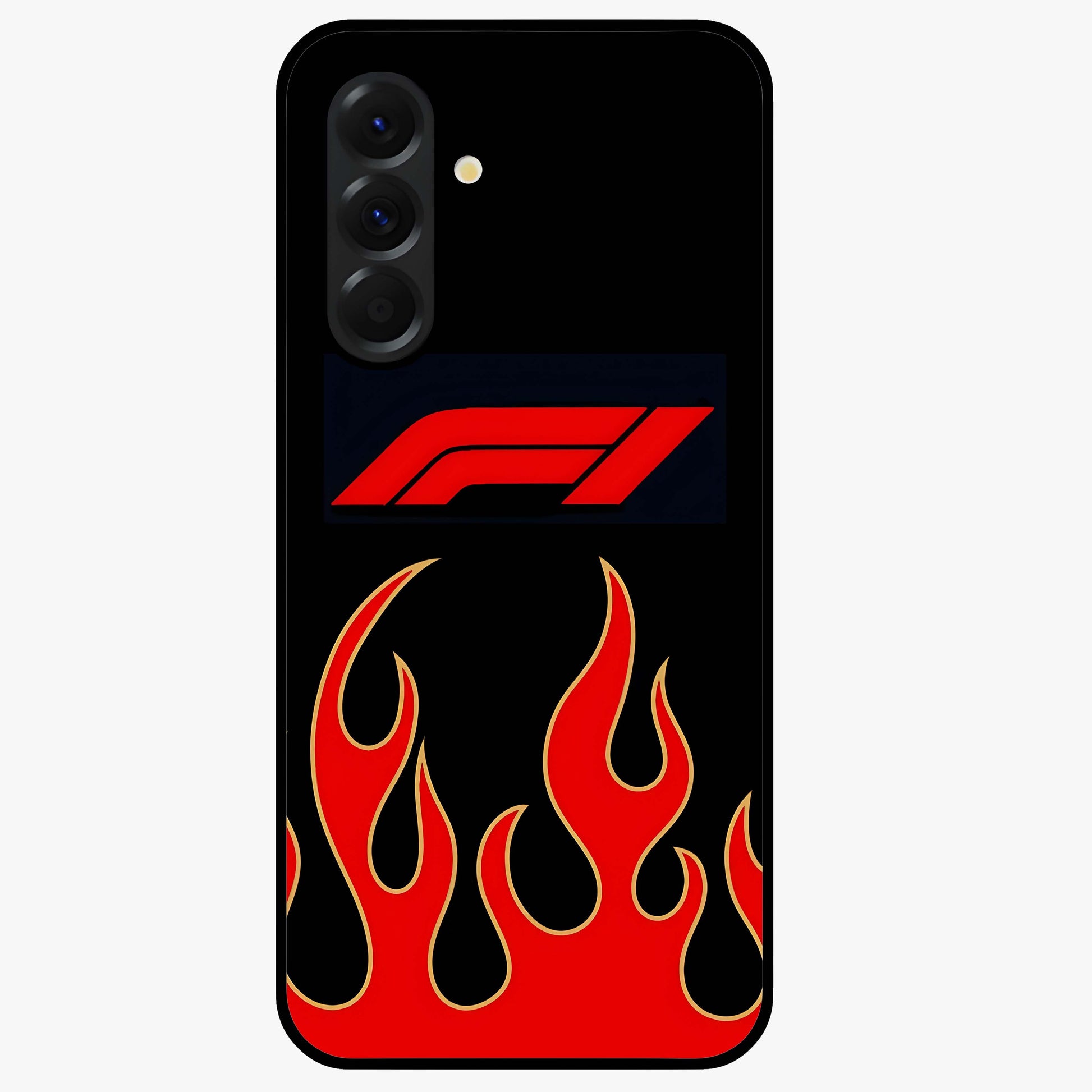 Fire F11 Glass Case showing flat back view with fiery themed artwork and glossy glass finish.