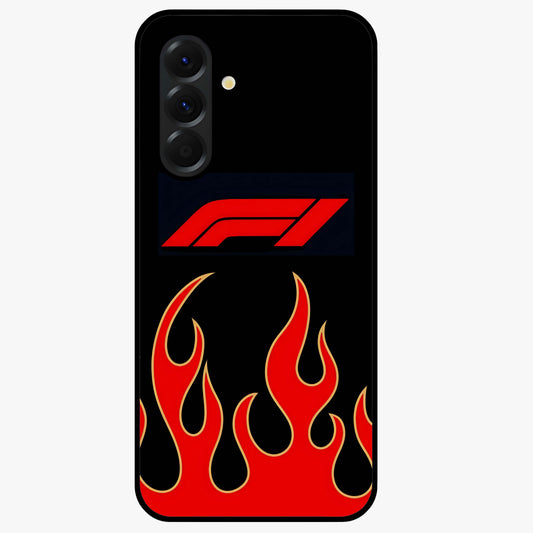 Fire F11 Glass Case showing flat back view with fiery themed artwork and glossy glass finish.