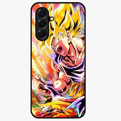 Firing Goku Glass Case showing flat back view with powerful anime inspired artwork and glossy glass finish.