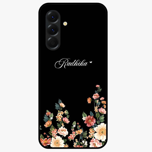 Floral Design With a Custom Personalized Name Glass Case showing flat back view with floral artwork and personalized name design.