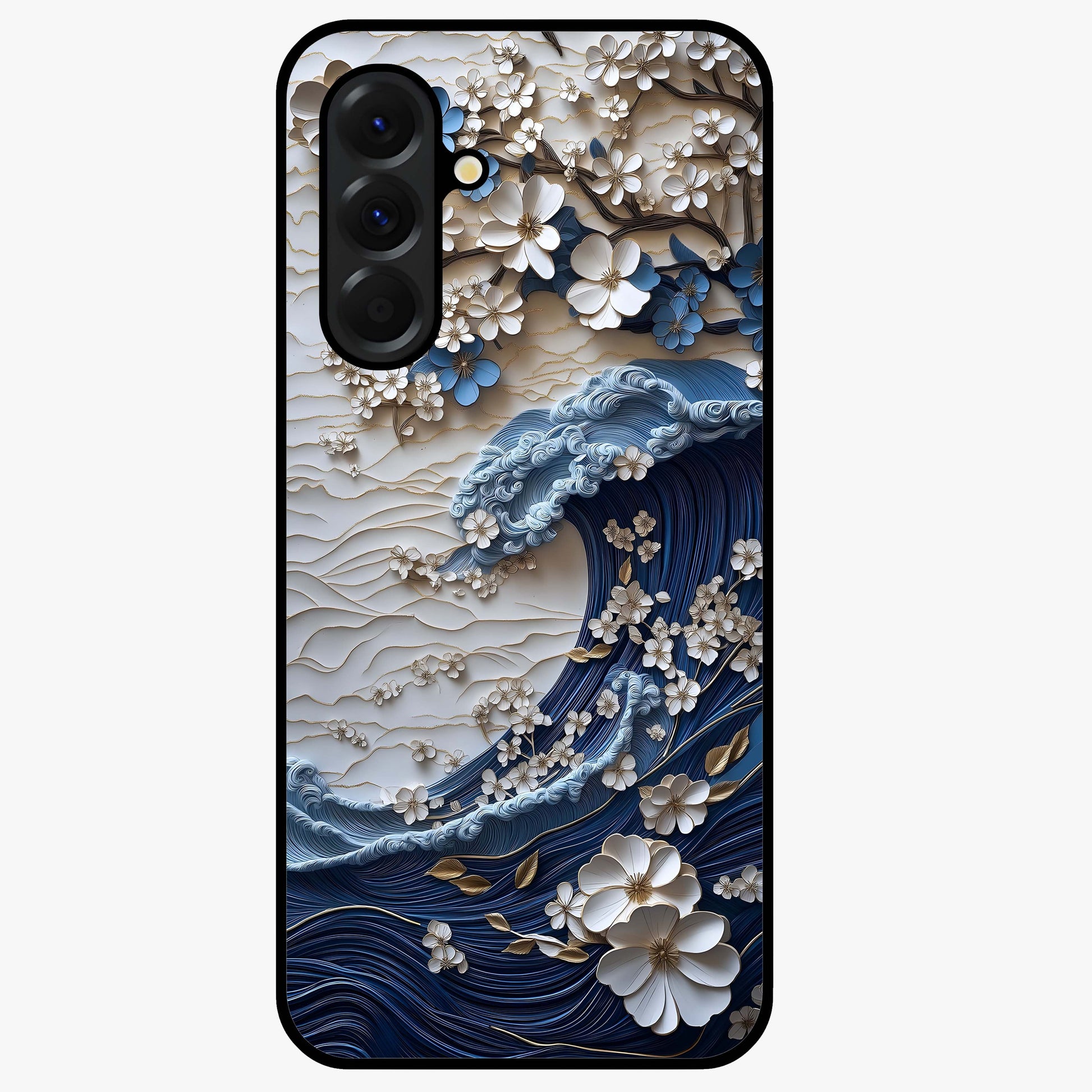 Floral Wave Origami Glass Case showing flat back view with origami inspired floral wave artwork and glossy glass finish.