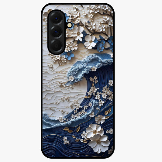 Floral Wave Origami Glass Case showing flat back view with origami inspired floral wave artwork and glossy glass finish.
