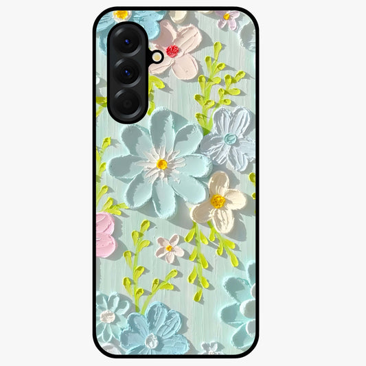 Frosted Petal Garden Glass Case showing flat back view with soft frosted floral artwork and glossy glass finish.