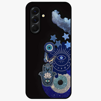 Galactic Charm Cluster Glass Case showing flat back view with glowing celestial charm artwork and glossy glass finish.